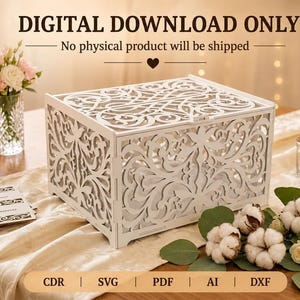 Op de afbeelding: Een witte rechthoekige doos met ingewikkelde lasergesneden krulpatronen op het deksel en de zijkanten. De tekst luidt DIGITAL DOWNLOAD ONLY, No physical product will be shipped, en CDR, SVG, PDF, AI, DXF. Dit is een digitaal ontwerpbestand.