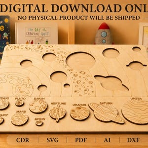 May include: A light-coloured wooden solar system puzzle board featuring circular cutouts for planets and a belt of asteroids. Below the board, individual wooden planet pieces are labelled with names including Venus, Pluto, Earth, Neptune, Uranus, Saturn, and Jupiter.