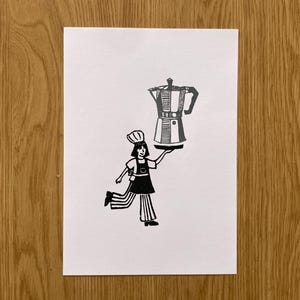 Pequeño chef con gran cafetera - Grabado original en linóleo