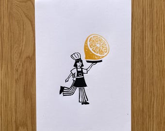 Little Chef met grote citroen - originele linosnede