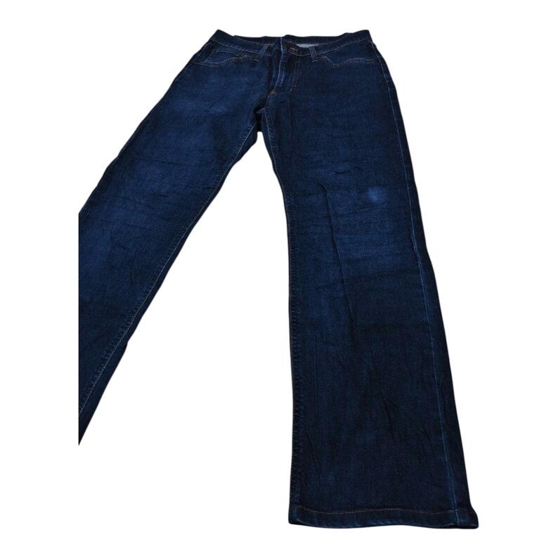 May include: Dark blue denim jeans with a classic five-pocket design. The jeans have a straight leg cut and a button and zipper closure. The denim appears to be a medium weight, suitable for everyday wear.