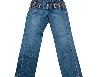 Japanese Brand Wave Double Waist Design Whiskering Jeans