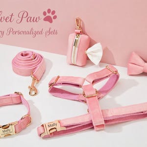 Puede incluir: Juego de accesorios para mascotas de terciopelo rosa, que incluye un collar, una correa, un arnés, una pajarita y un dispensador de bolsas de residuos. El juego presenta herrajes dorados y el texto "Mally" en el collar y el arnés. También se ve el texto "Velvet Paw Luxury Personalized Sets".