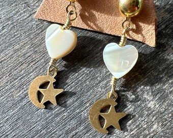 Heart Moon Stud Earrings Mother of Pearl Shell Vintage Jewelry Celestial