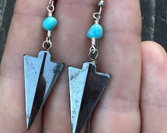 Vintage Arrowhead Earrings Hematite Turquoise Jewelry