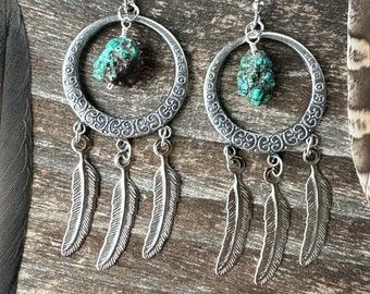 Turquoise Feather Hoop Earrings Silver Vintage Jewelry