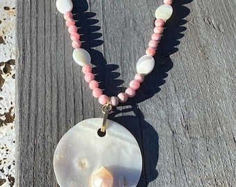 Rhodochrosite Pearl Shell Necklace Beaded Gemstone Vintage Jewelry