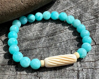 Peruvian Amazonite Carved Bone Beaded Strech Bracelet