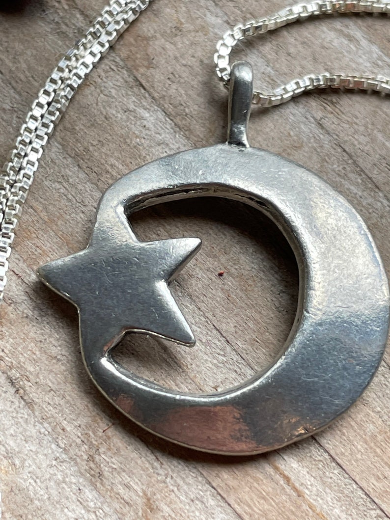 Crescent Moon Star Necklace Vintage Silver Jewelry image 3