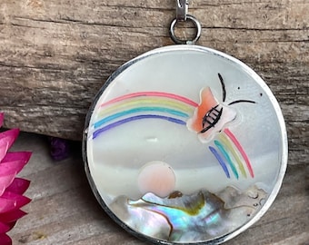 Rainbow Butterfly Necklace Vintage Shell Abalone Jewelry