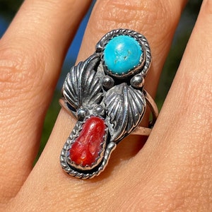 Vintage Turquoise Coral Southwestern Sterling Ring Size 5.75