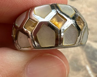 Anillo vintage de nácar y citrino en plata de ley talla 6,75