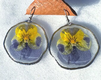 Pansy Flower Earrings Large Hoop Resin Jewelry Yellow Blue