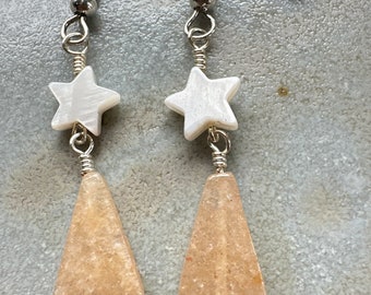 Mother of Pearl Star Earrings with Yellow Aventurine Triangles