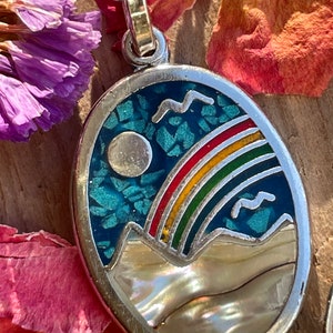 Rainbow Mountain Necklace Vintage Pendant Turquoise Inlaid Mother of Pearl Silver Chain Dainty Layering Necklace Rainbow Mountain image 1