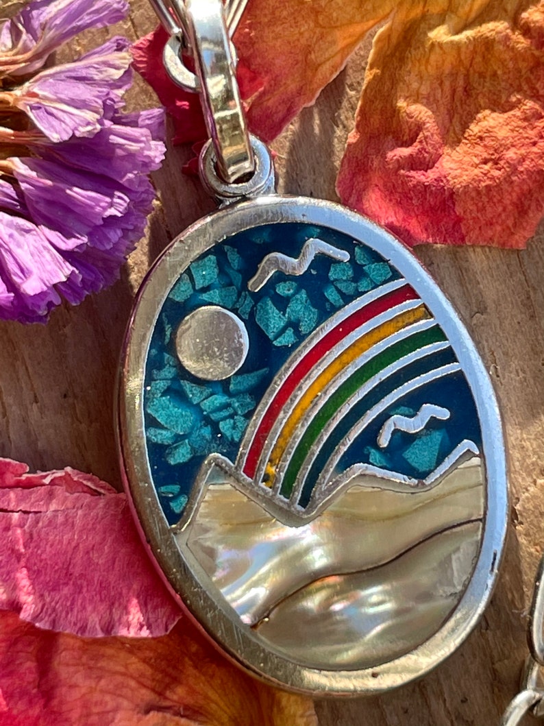 Rainbow Mountain Necklace Vintage Pendant Turquoise Inlaid Mother of Pearl Silver Chain Dainty Layering Necklace Rainbow Mountain image 1