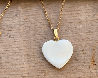 Heart Necklace Vintage 70s Jewelry Mother of Pearl Shell