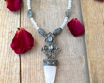 Rose Quartz Labradorite Necklace Beaded Gemstone Vintage Sterling Silver Valentines Gift