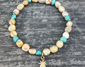 Turquoise Bracelet Leaf Charm Beaded Jewelry