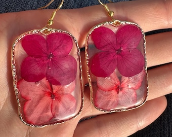 Pink Hydrangea Earrings Resin Jewelry Pressed Flowers