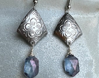 Blue Topaz Steel Flower Earrings Vintage Jewelry