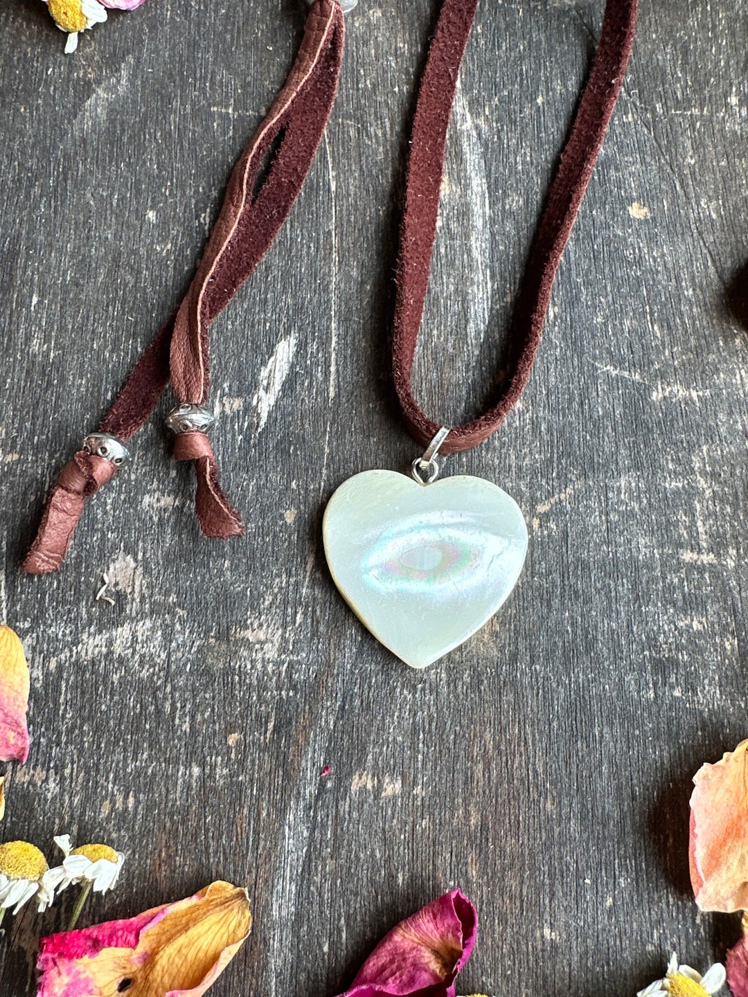 Mother of Pearl Heart Pendant Leather Necklace Adjustable Etsy