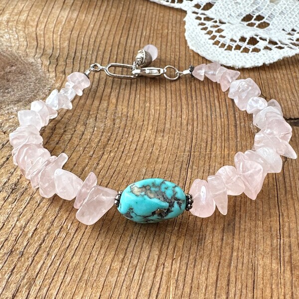 Bracelet en perles de quartz rose et pépites de turquoise