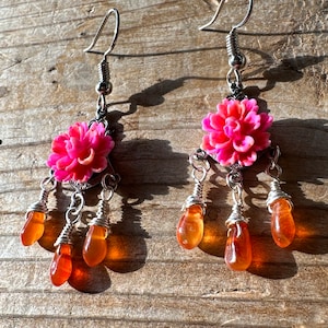 Carnelian & Flower Dangle Earrings Hot Pink Orange Vintage Jewelry