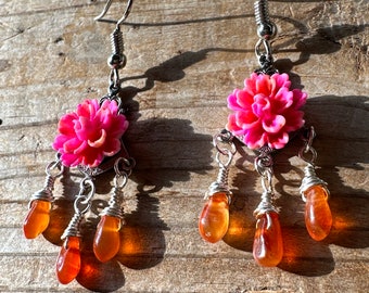 Carnelian & Flower Dangle Earrings Hot Pink Orange Vintage Jewelry