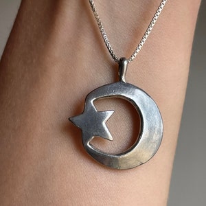 Crescent Moon Star Necklace Vintage Silver Jewelry image 1