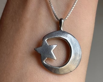 Crescent Moon Star Necklace Vintage Silver Jewelry