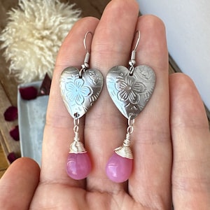 Boucles d'oreilles coeur rose vintage verre acier inoxydable fleur bijoux cadeau Saint Valentin