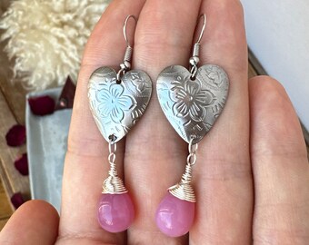 Pink Heart Earrings Vintage Glass Stainless Steel Flower Jewelry