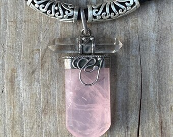 Vintage Rose Quartz Pendant Necklace Leather Jewelry
