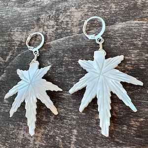 Peut inclure: Une paire de boucles d'oreilles en forme de feuille, blanches et irisées, avec des anneaux argentés. Les boucles d'oreilles sont en nacre et présentent un design délicat et complexe.