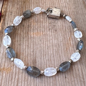 Labradorite Moonstone Bracelet Beaded Sterling Silver Vintage Jewelry