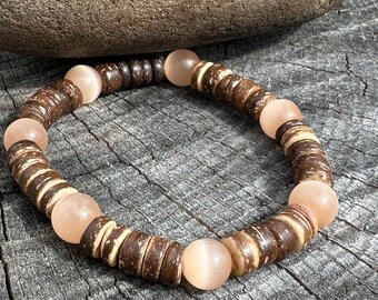 Coconut Shell Peach Cats Eye Beaded Stretch Bracelet