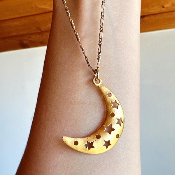 Collier pendentif étoiles croissant de lune chaîne vintage plaqué or