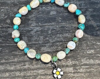 Turquoise Agate Bracelet Flower Charm Beaded Jewelry