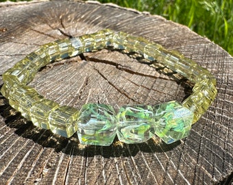 Yellow Green Cube Stretch Bracelet Vintage Glass