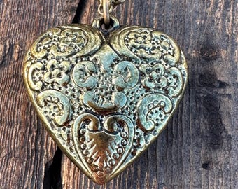 Vintage Puff Heart Pendant Necklace Filigree Flower Jewelry