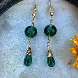 Vintage Emerald Glass Earrings Upcycled Jewelry