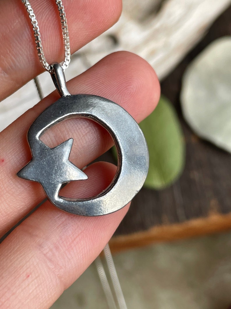 Crescent Moon Star Necklace Vintage Silver Jewelry image 6
