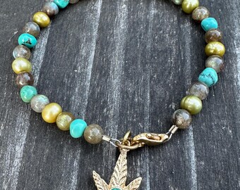 Turquoise Labradorite Beaded Bracelet Vintage Jewelry Leaf Charm