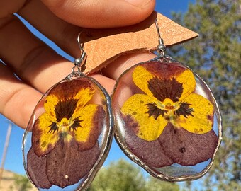Pansy Flower Earrings Resin Jewelry Purple Yellow Oval