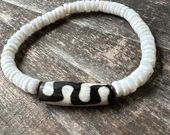 Pulseira de conchas Puka, pulseira tribal elástica, joias com miçangas