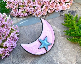 Pink Moon Star Pin Vintage Enamel Space Jewelry