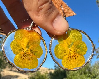 Yellow Pansy Flower Hoop Earrings Resin Jewelry