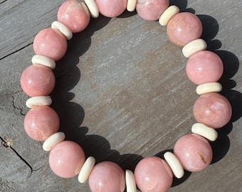 Pink Opal Bone Beaded Stretch Bracelet Natural Jewelry