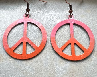 Peace Sign Earrings Pink Orange Hand Painted Jewelry